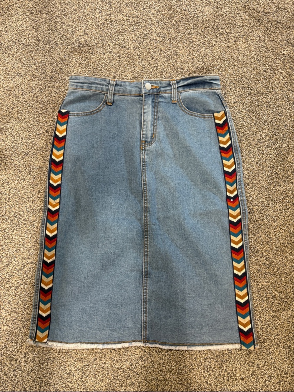 Roolee Light Blue Denim Midi Skirt with Multicolor Chevron Side Trim